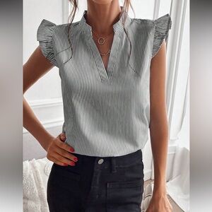 Black Striped Notched Neck Ruffle Sleeve Top